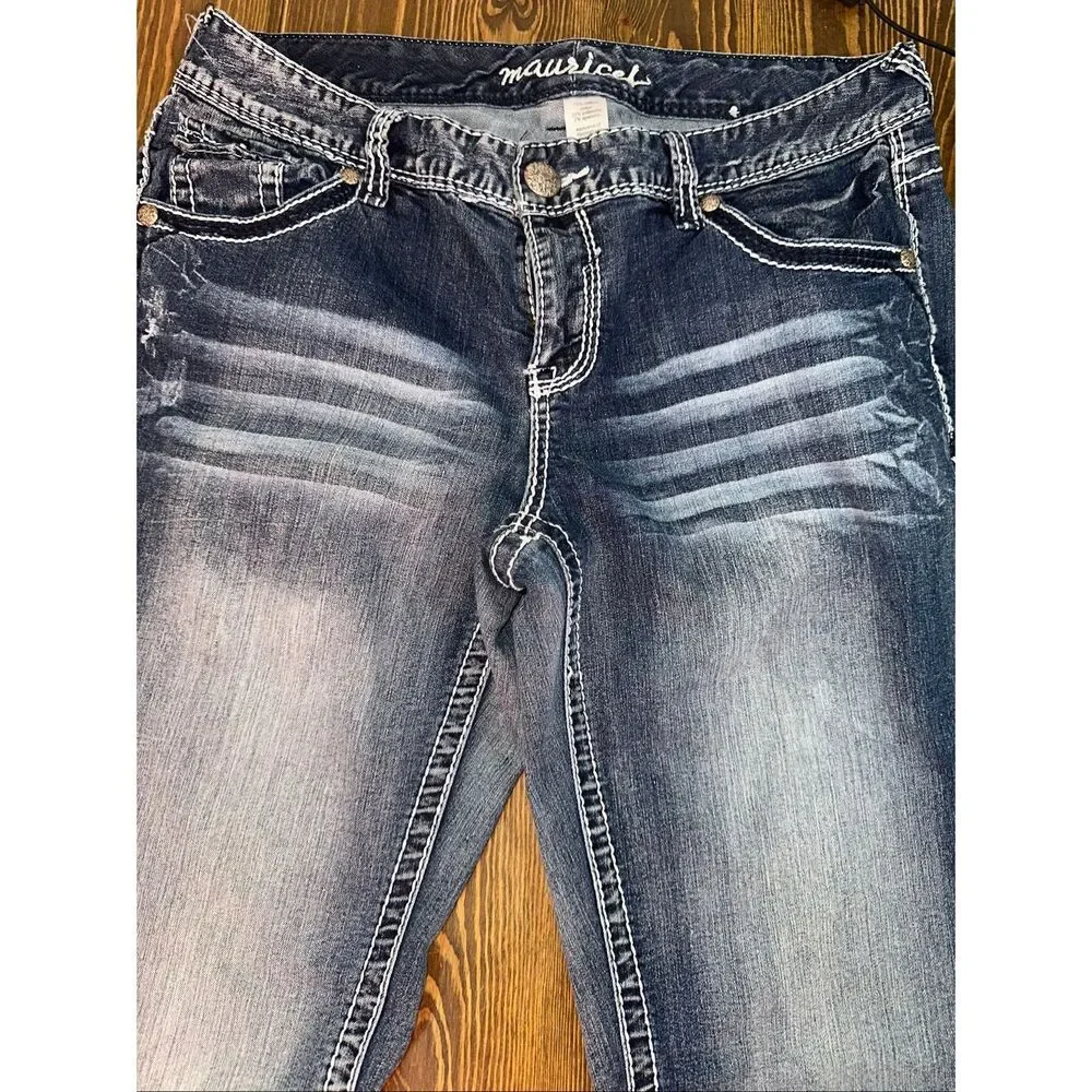 Maurices Womens Bootcut Jeans 14 medium Wash Heavy Stitch Stretch - Picture 2 of 9